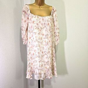 Peasant Floral Pleated Dress Sz Med Beige Neutral Swing Lined Cottage Boho Fairy